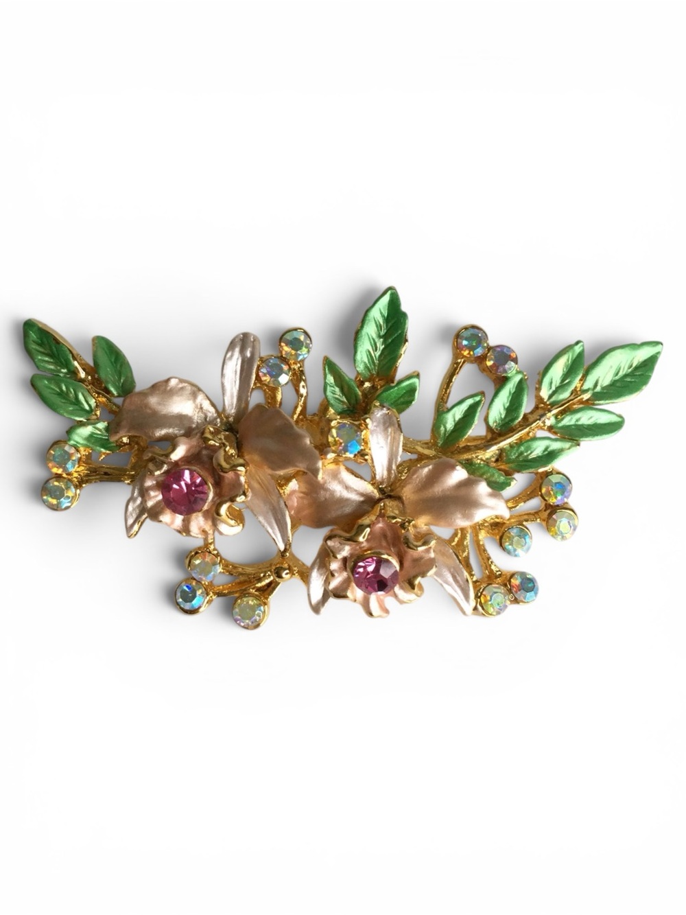 Estate Vtg 1960s Gold‑Tone Enamel Floral Spray Brooch with Pink & AB Rhinestones - Picture 6 of 13